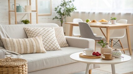 An airy room presents a versatile couch perfect for lounging or entertaining paired with a tidy dining area all under soothing soft light.