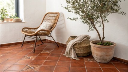 Fototapeta premium The room showcases a rich terracotta tiled floor that enhances the cozy ambiance accented by a stylish rattan chair and a potted olive tree that introduces a natural