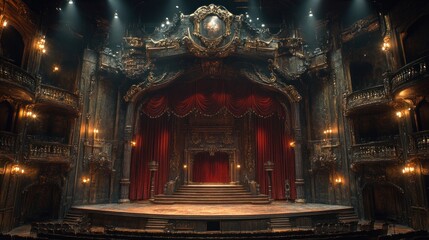 Fototapeta premium Ornate theater stage, dark, red curtains.