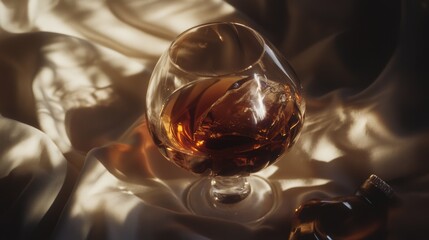 Close-up of vintage Armagnac in a gracefully curved crystal balloon glass with a rich coppery hue, resting elegantly on fine linen, highlighting luxurious textures and sophistication.