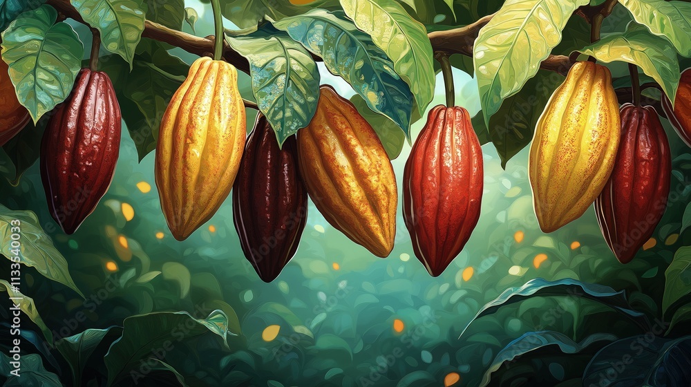 Poster ripe cocoa pods of varying colors hanging on a tree branch.