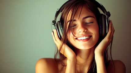 Fototapeta premium A woman is wearing headphones and smiling