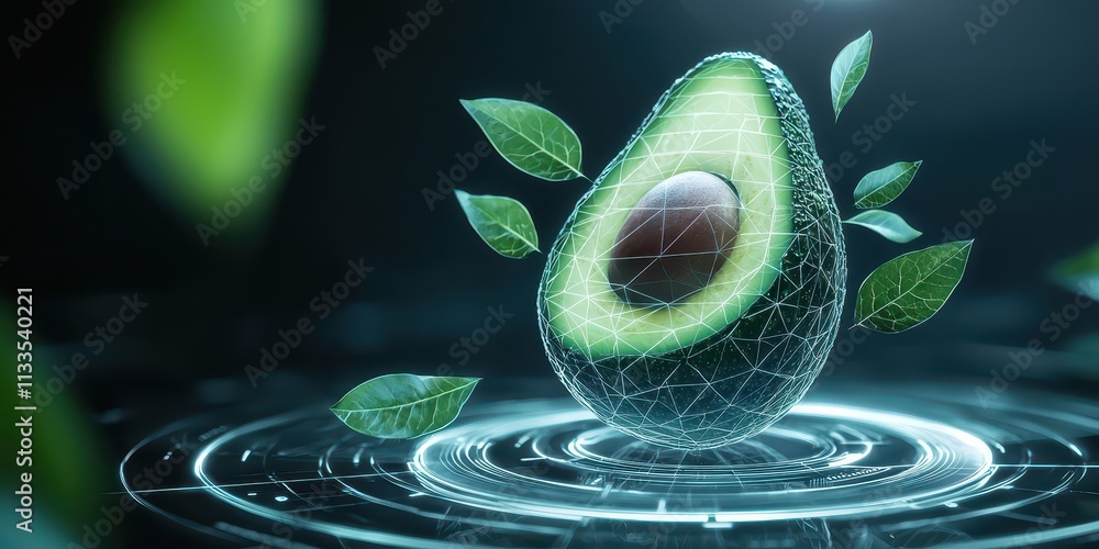 Poster avocado with leaves in a digital, glowing setting on a circular surface.