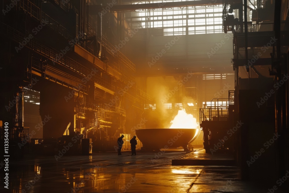 Aufkleber molten metal flows into casting molds as flames and sparks erupt in a large industrial hall during a