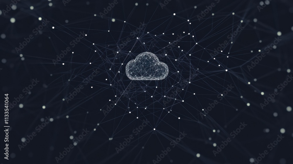 Poster a simple cloud icon surrounded by a network of lights symbolizes cloud services, leaving room for cu