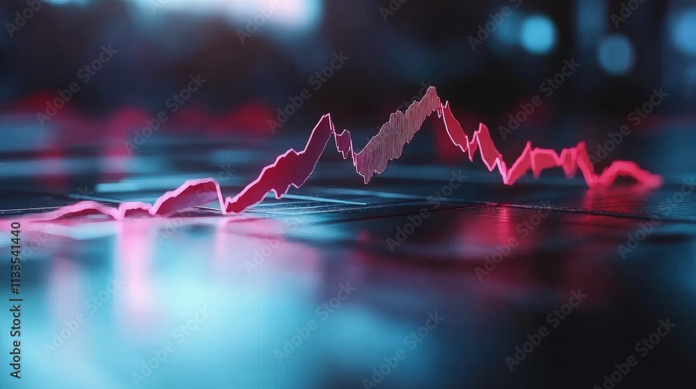 Poster abstract pink graph line reflecting on dark surface.