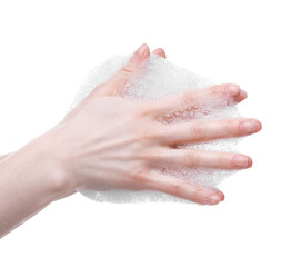 Fototapeta premium Woman with bath foam on white background, closeup
