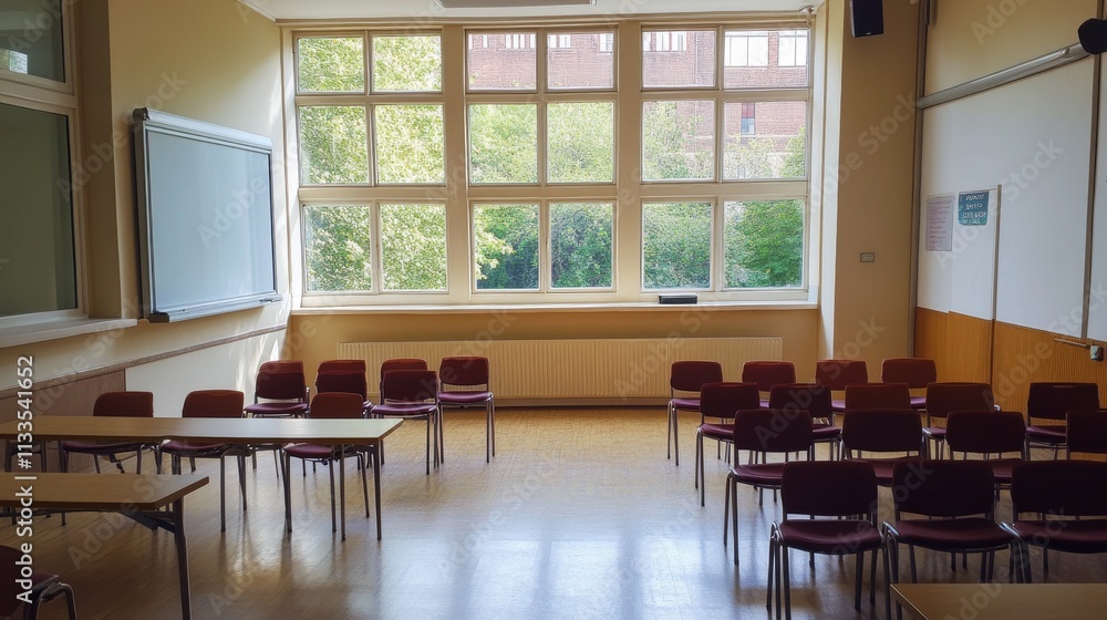 Poster a simple classroom setting featuring rows of red chairs and large windows letting in plenty of natur