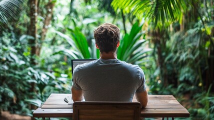 A man sits at a rustic wooden desk in a jungle setting, working on his laptop. The vibrant greenery and serene atmosphere create a perfect backdrop for themes of remote work, nature, and outdoor