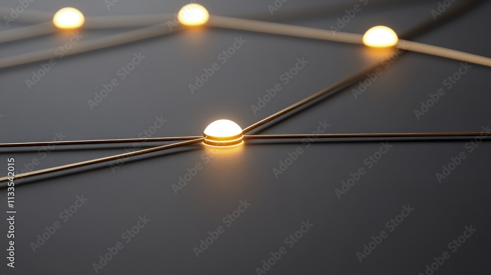 Aufkleber illuminated nodes connected by thin gold lines on a dark surface, representing network connection.