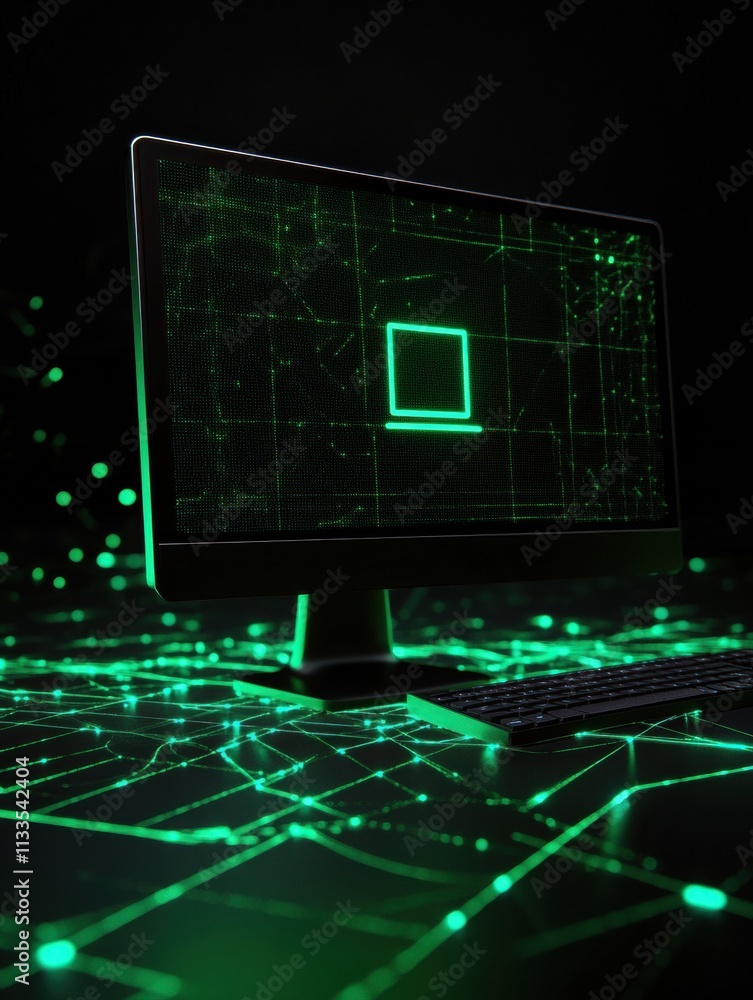 Poster Illuminated network grid and a simple monitor icon in green showcase digital support and connectivity in a technology-focused environment. Generative AI