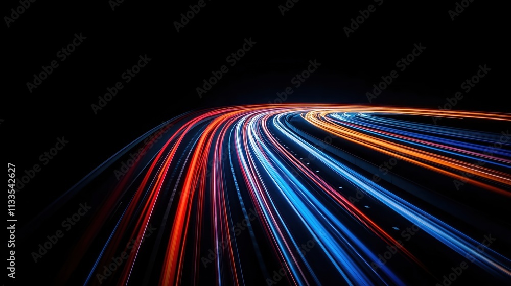 Poster abstract photo shows fast moving light trails on dark highway. colorful light streaks create dynamic