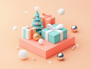 Fototapeta premium Whimsical holiday scene with decorative gift boxes, pastel christmas tree, and festive ornaments on a soft peach background