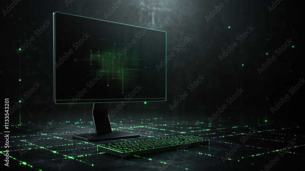 Aufkleber a glowing network grid surrounds a simple monitor icon in green text, illustrating digital connectiv