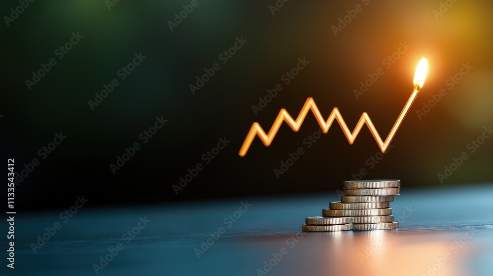 Poster illuminated upward graph above growing coin stacks.
