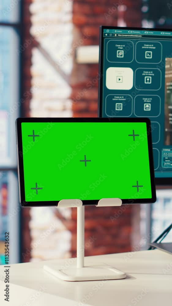 Fototapete man in home office uses ai program turning text prompt into videos next to isolated screen tablet. p