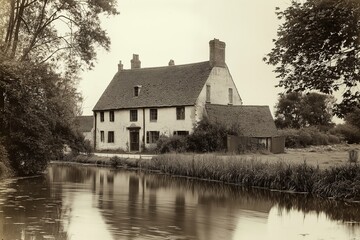 Obraz premium A charming vintage house with a scenic water reflection captures nostalgia and tranquility in its essence.