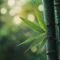 fresh bamboo leaf next to a bamboo stalk zoomed in at eye level fresh morning mist in the...