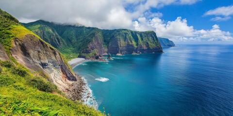 A stunning coastline where lush green meets azure blue waters.