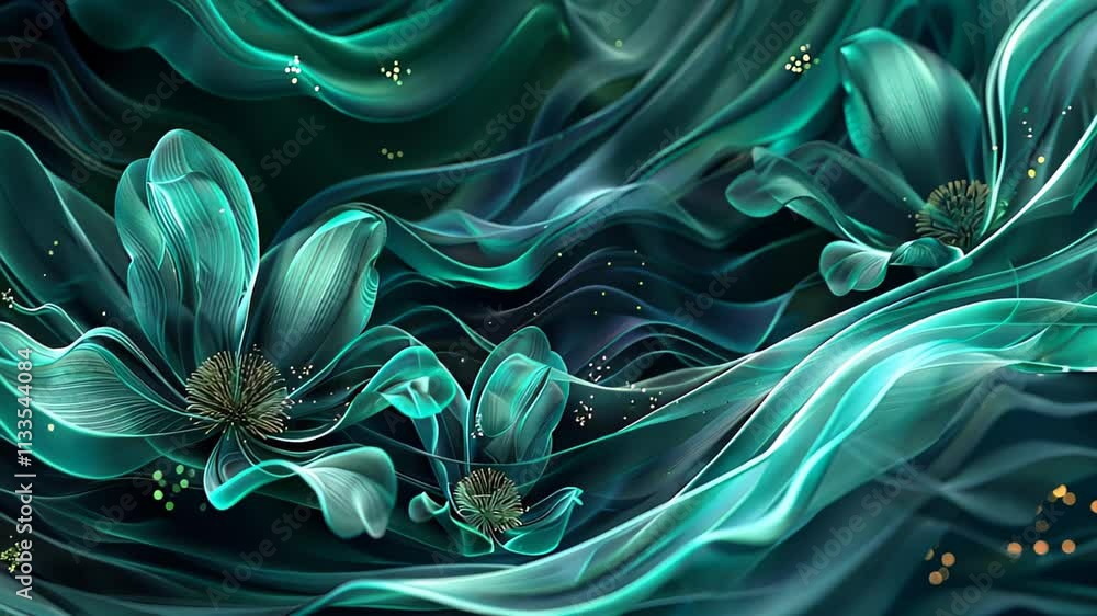 Poster mystical blooms dance in ethereal waves of teal, creating a stunning visual symphony of color and mo
