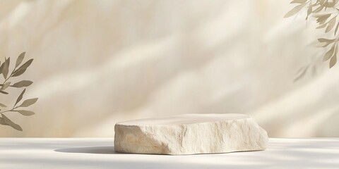 Beige rock podium for product display. Natural light highlights rock shape. Soft beige background with fuzzy texture. Empty podium ready for product placement. Minimalist display. Natural materials
