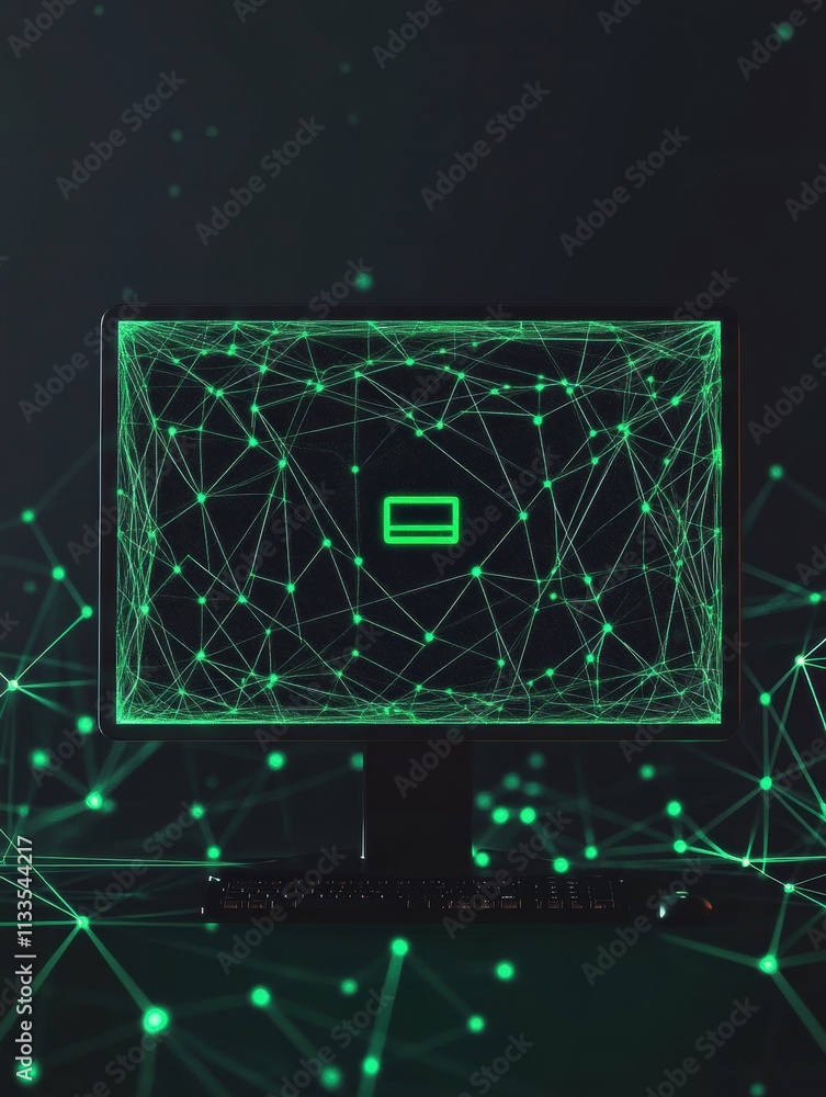 Aufkleber A glowing network grid encircles a simple monitor icon, highlighting digital support and connectivity in a high-tech setting. Generative AI