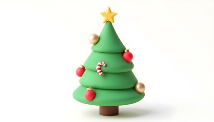 3D render of a traditional green Christmas tree icon with red and gold ornaments, candy canes, and a shining star, set against a white background create with ai