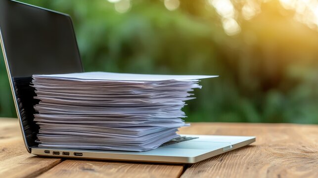 Organizing business documents on laptop outdoor workspace digital content natural setting close-up view productivity tips