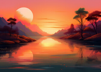 Cityscape with modern minimalist skyline and natural sunset in warm and vibrant colors.