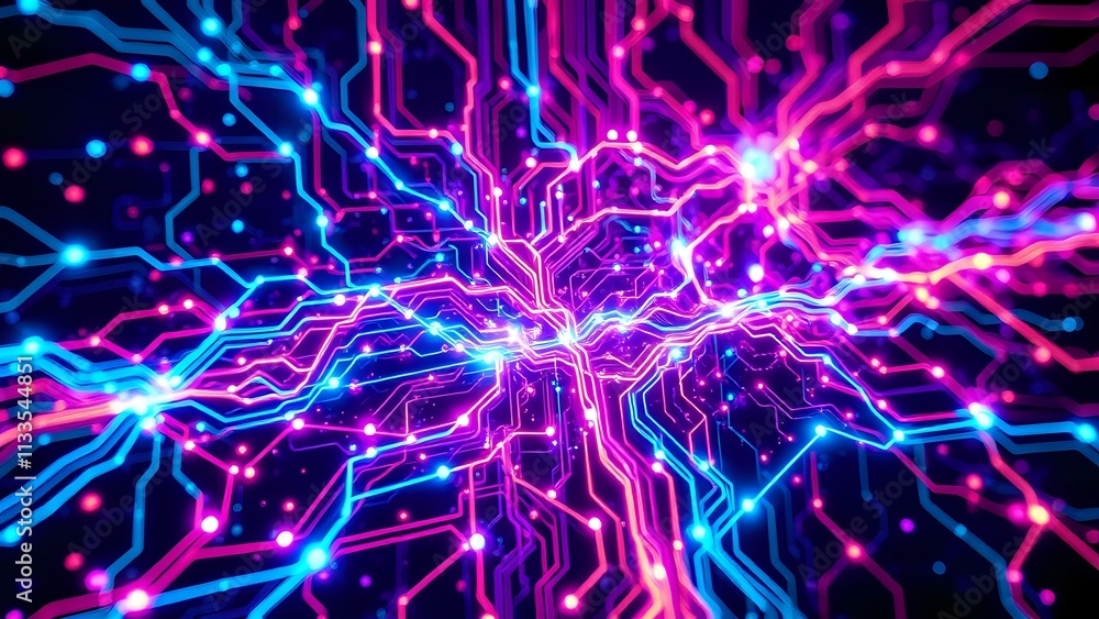 Poster neon circuit board data visualization abstract art