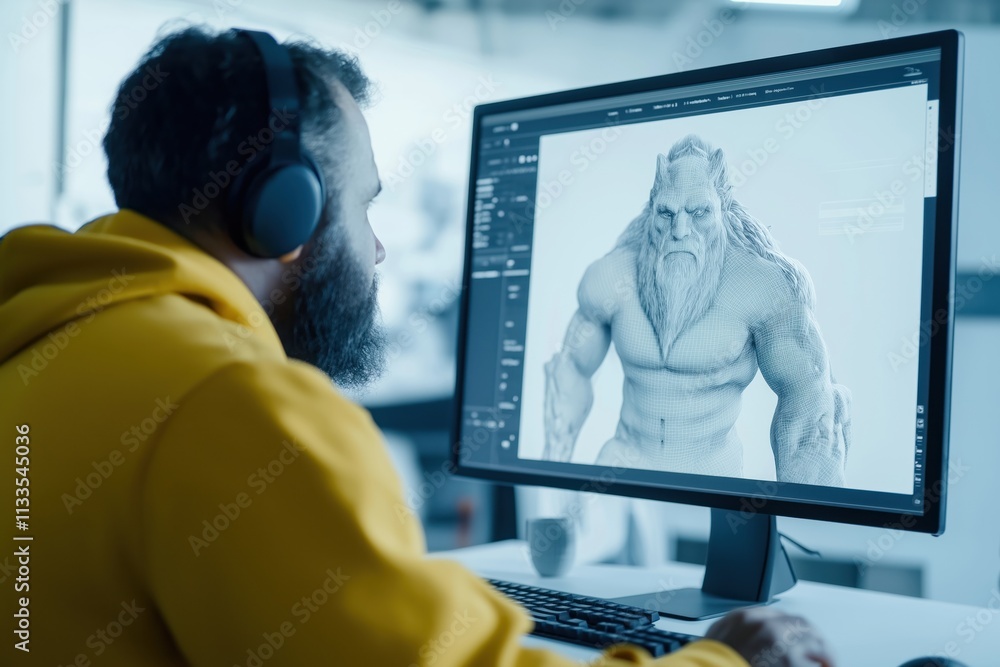 Poster game designer works on 3d character model. focused person works in studio. person uses computer, wea