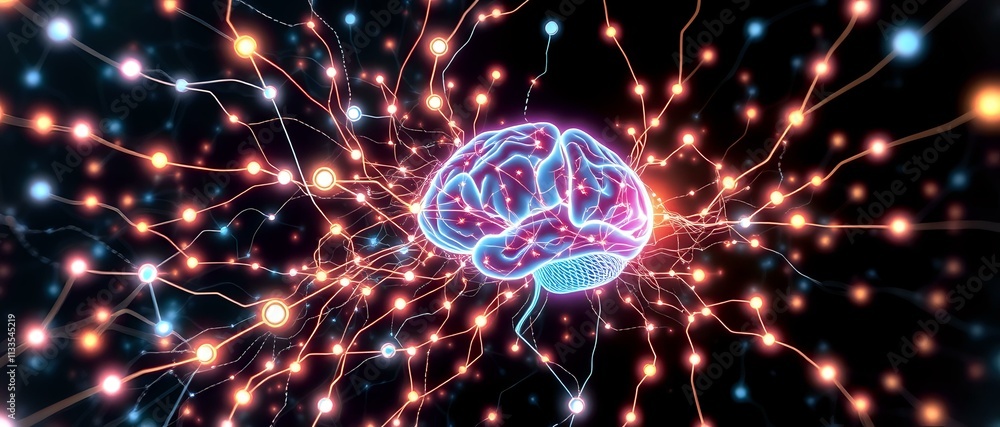 Poster interconnected brain neural network in cybernetic art nouveau style