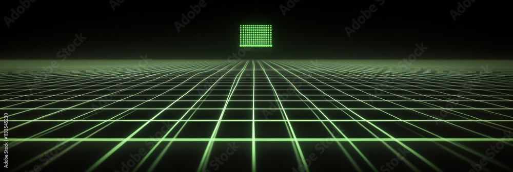 Poster a glowing network grid emerges in a dark environment, with green text depicting a monitor icon symbo