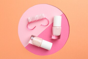 Set of pedicure tools on color background, flat lay