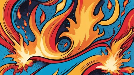 Fototapeta premium Illustration of an intense fire with dynamic flames and heat waves. Pop art comic looking vibe in blue, red, and orange. Close up on fire.