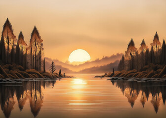 Cityscape with modern minimalist skyline and natural sunset in warm and vibrant colors.