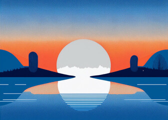 Cityscape with modern minimalist skyline and natural sunset in warm and vibrant colors.
