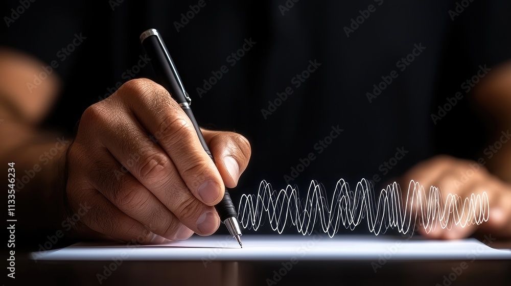 Poster sketching dynamic wave patterns creative workspace digital art modern environment close-up view conc