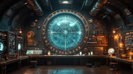 Obraz premium Steampunk control room, glowing circular interface.