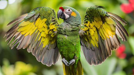 Fototapeta premium vibrant parrot displaying its colorful wings in lush environment