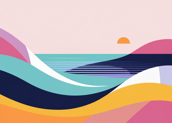 Nature-inspired coastal skyline with ocean and beach elements in a modern minimalist design.