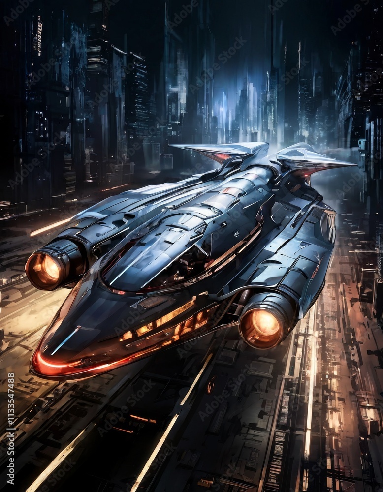 Poster a sleek, futuristic spaceship soars through a dark sci-fi cityscape, with glowing engines and toweri
