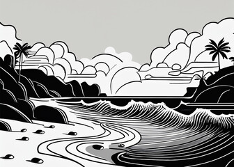 Nature-inspired coastal skyline with ocean and beach elements in a modern minimalist design.