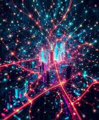 Fototapeta premium Neon Cybernetic Cityscape at Night