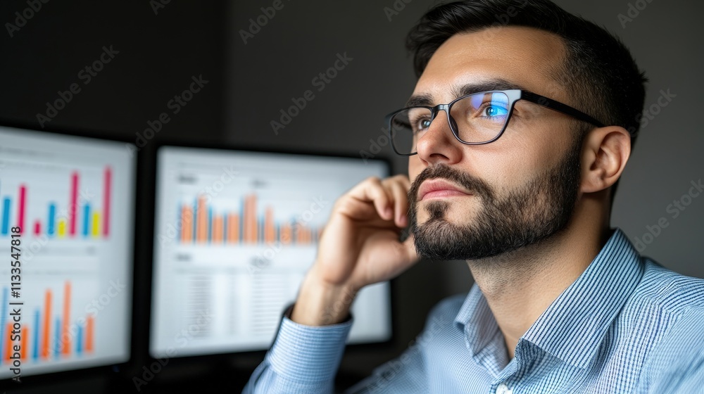Aufkleber focused businessman analyzing data on computer screens at night.