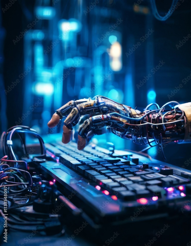 Aufkleber a robotic hand in action, typing on a high-tech keyboard in a futuristic, illuminated setting. the m
