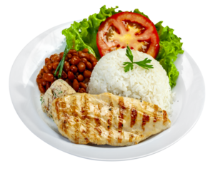 Rice, beans, salad, farofa, roast chicken