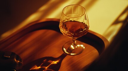 Close-up of a French calvados in an elegant crystal snifter, warm amber hues reflecting delicately on a polished walnut tray, showcasing refined textures and timeless luxury.