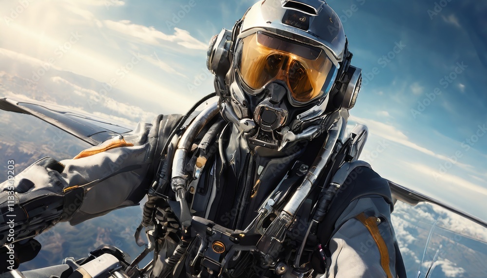 Poster a futuristic pilot in a high-tech flight suit with an advanced helmet is soaring through the sky. th
