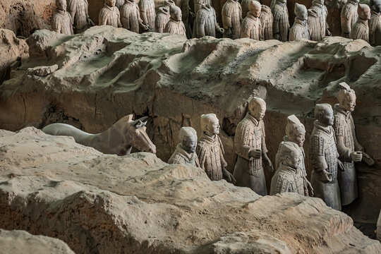 Qin Shi Huang Mausoleum of First Emperor of China: PIT 1 - terracotta sculptures depicting military defense troop to protect the Qin Shi Huang Mausoleum. XI&rsquo;AN, CHINA. JULY 27, 2023.